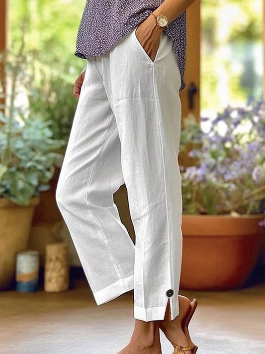 Women's Cotton-linen Solid Color Elastic Waist Pockets Straight Leg Loose-fit Casual Trousers