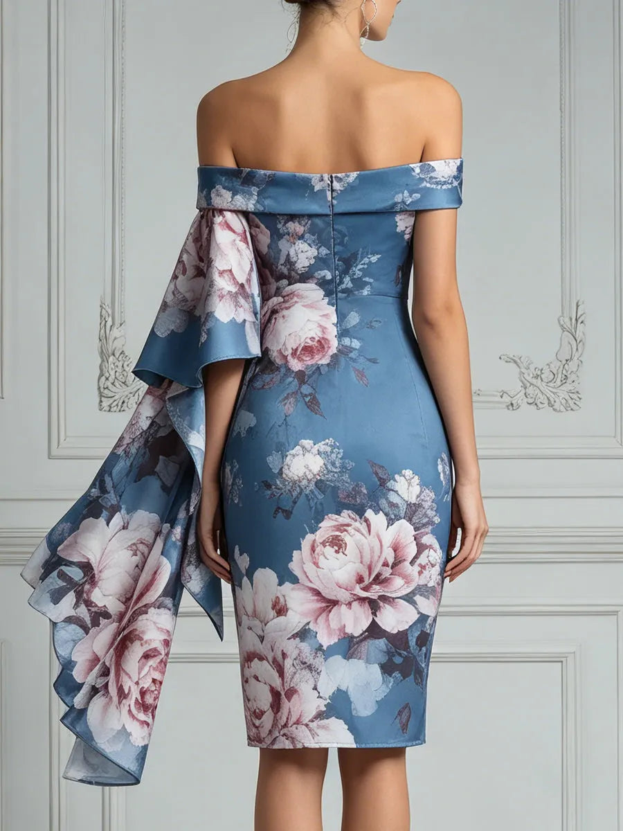 Blue Floral Print Off-Shoulder Satin Midi Dress