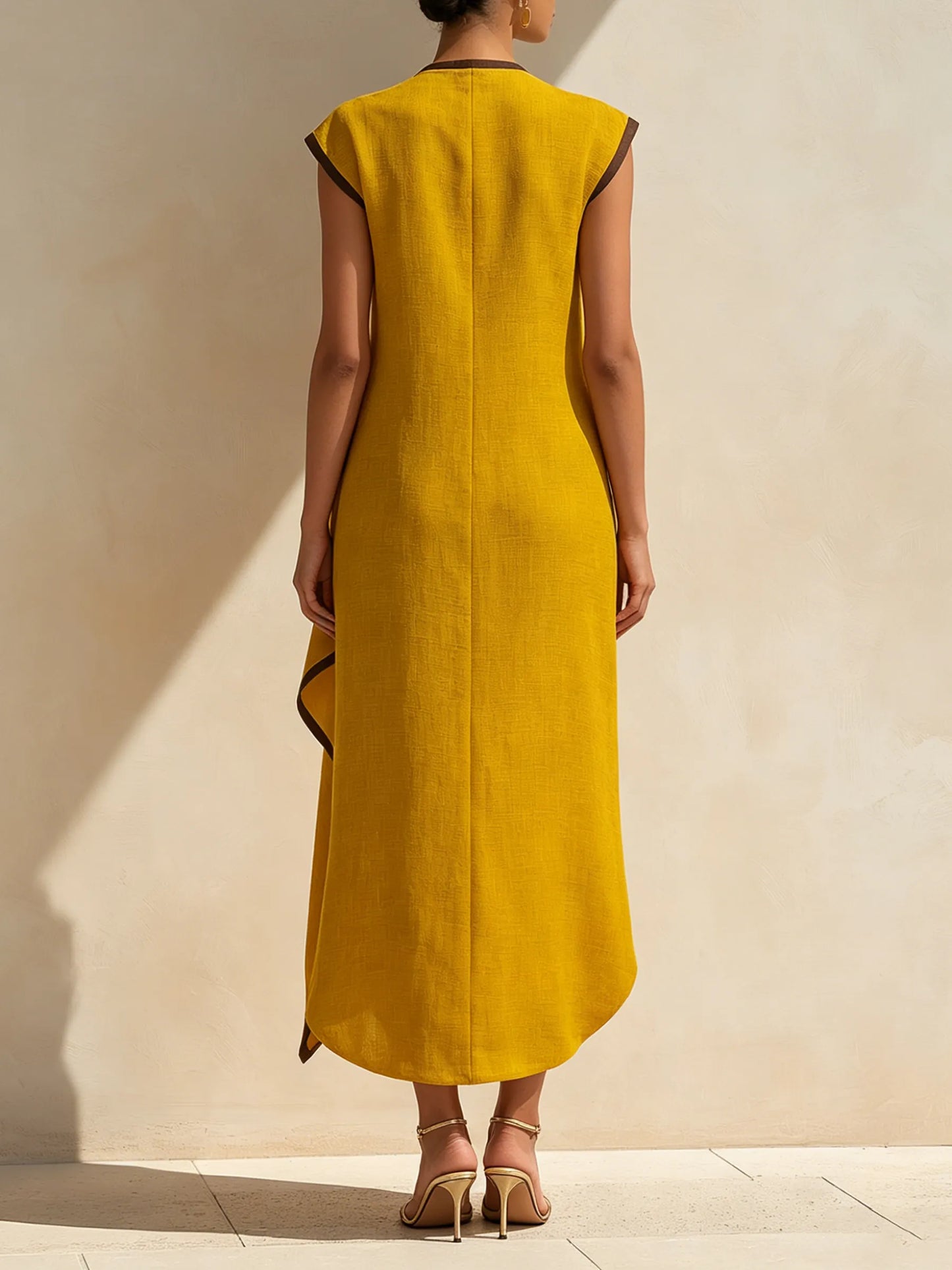Asymmetrical Linen-Blend Midi Dress With Contrast Trim And Statement Buttons