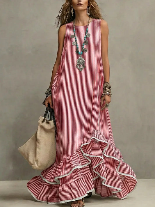 Women's Retro Striped Art Ruffled Casual Stylish Cotton Linen Maxi Dress
