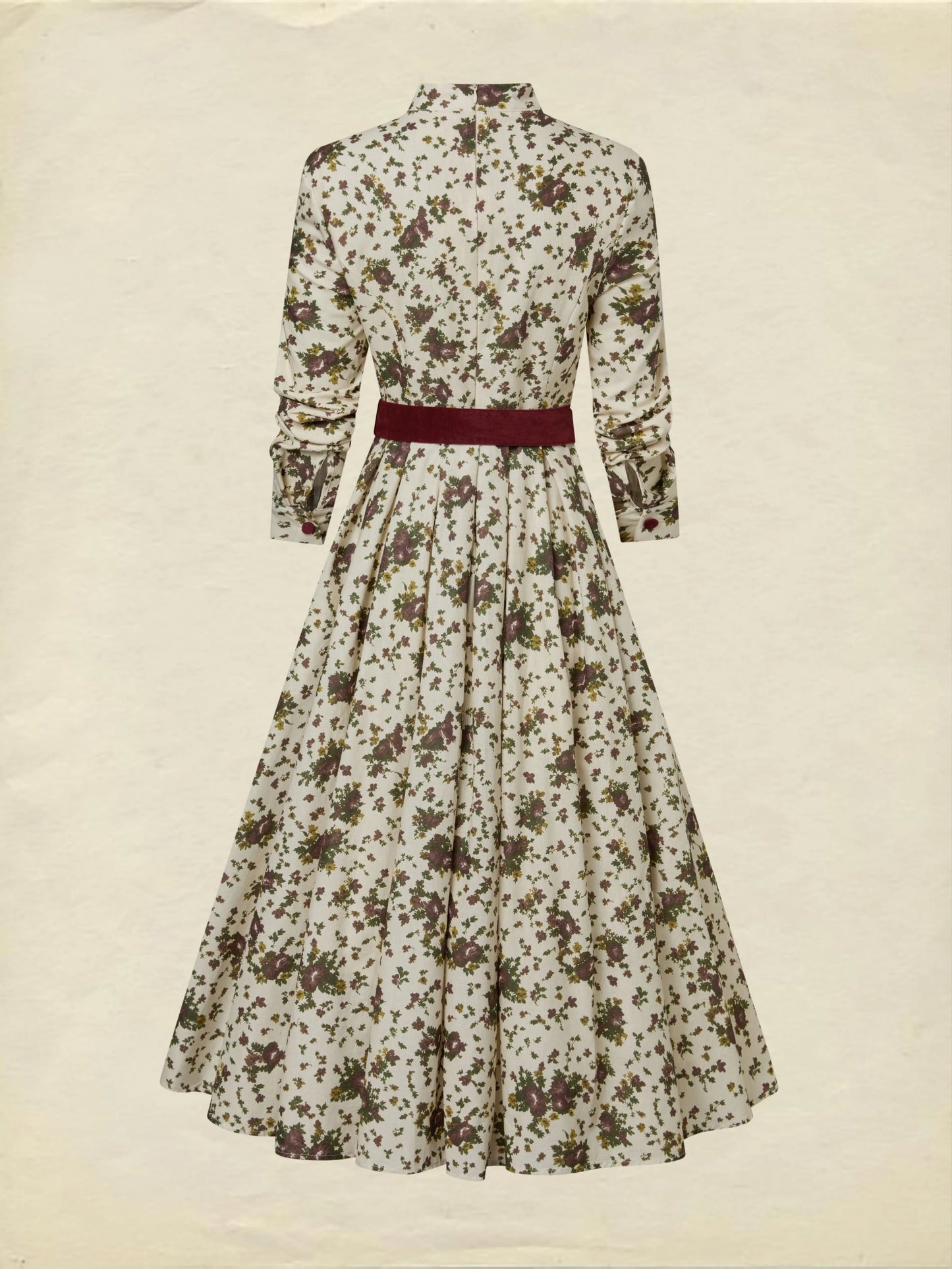 Midi Linen Dress, Long Sleeves, Shawl Collar, Floral, Belt Design, Vintage, Apricot