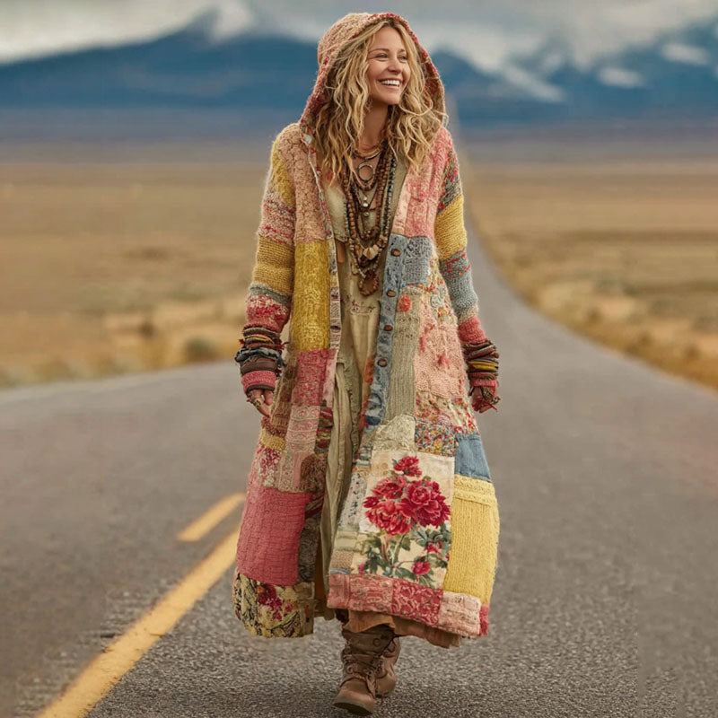 Women's Vintage Patchwork Floral Art Cozy Knit Hooded Long Cardigan