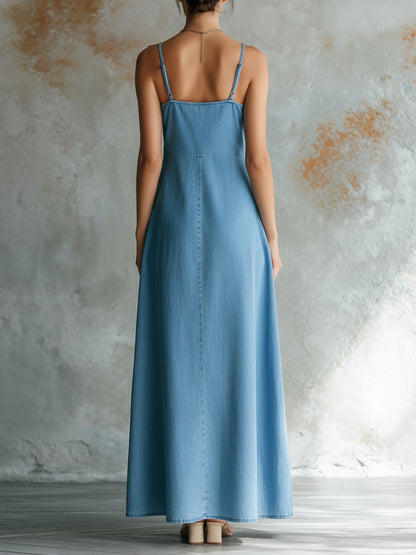 Wrap V-Neck Sleeveless Denim Maxi Dress