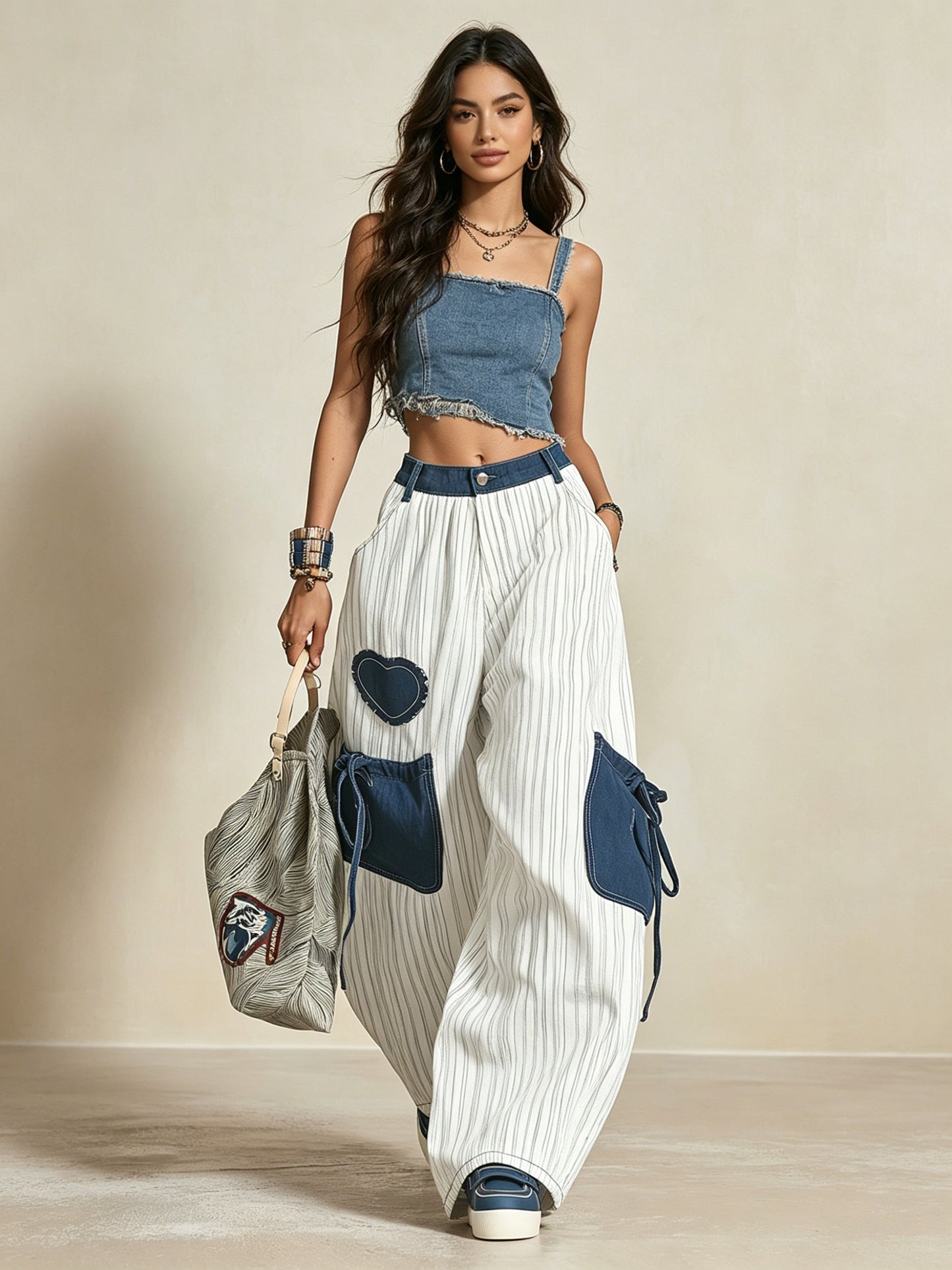 Oversized Striped Denim Patch Wide-Leg Cargo Pants