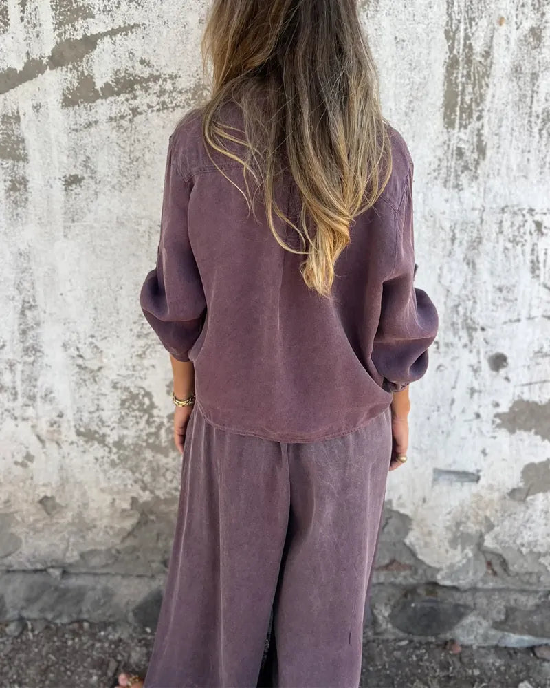 Casual Solid Shirt & Wide Leg Two-Piece Set