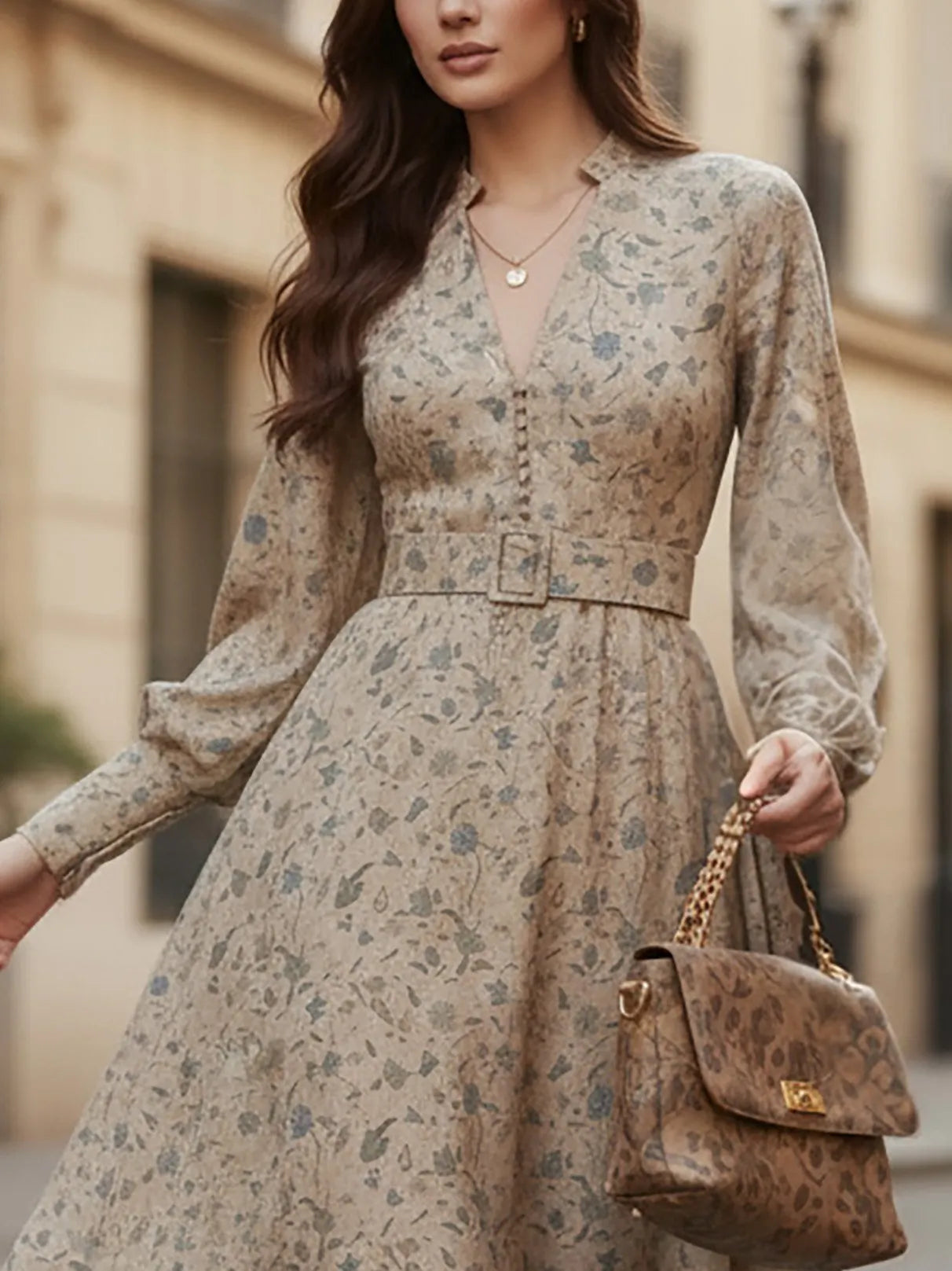 Midi Linen Dress, Long Sleeves, V Neck, Floral, Belt Design, Vintage, Khaki