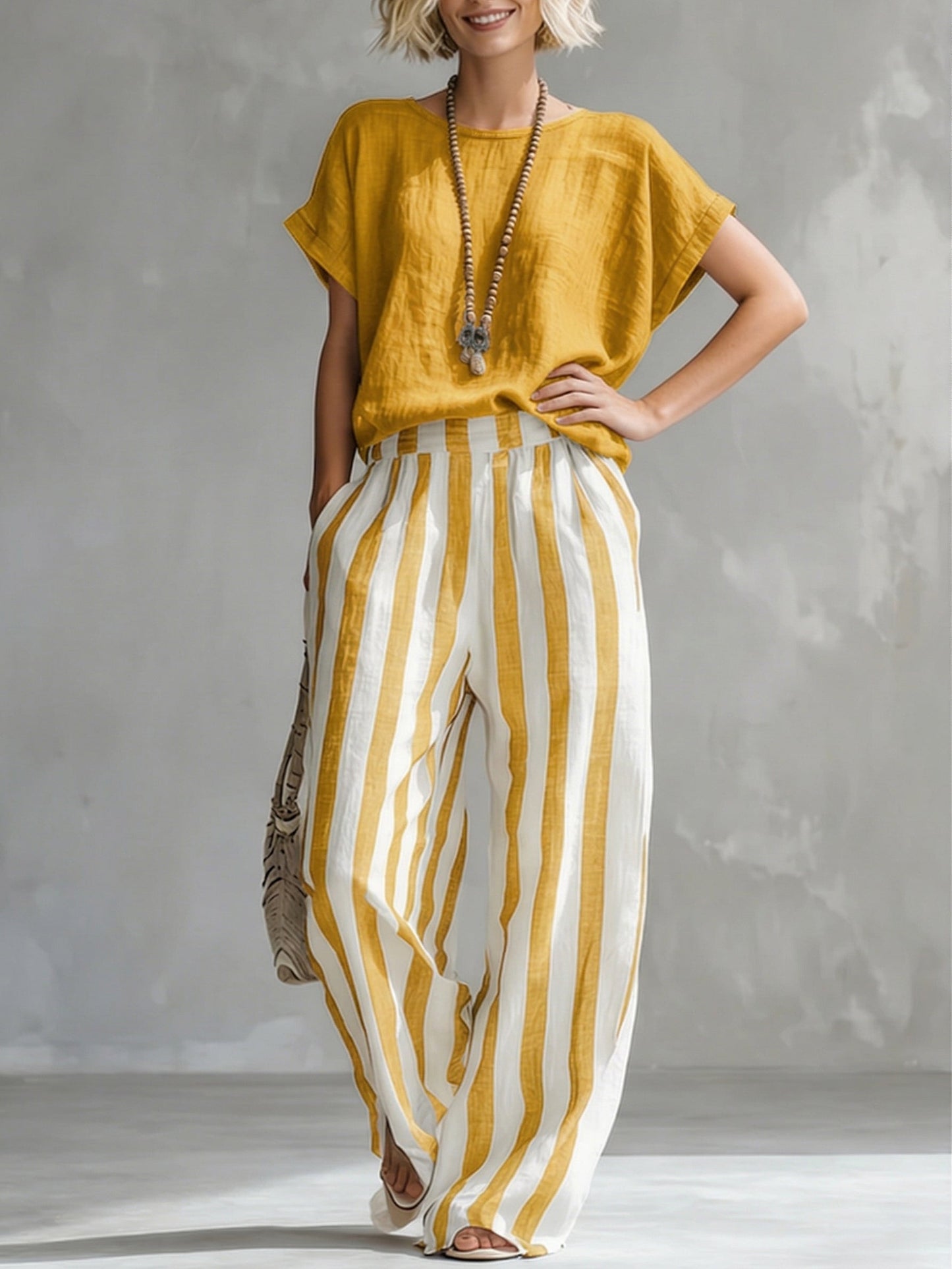 Cozy Loose-fit Striped Cotton-linen Two-piece Set