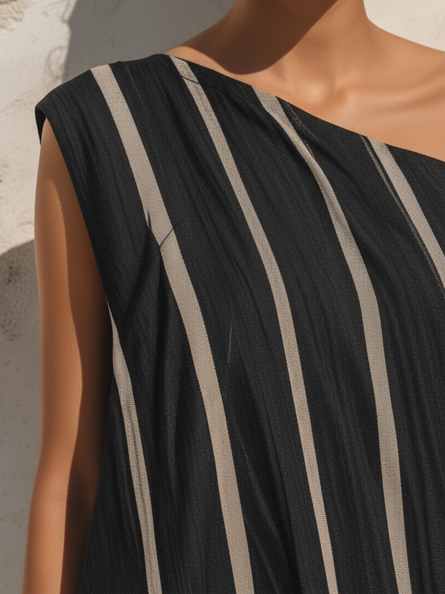 Black & Beige Striped One-Shoulder Maxi Dress