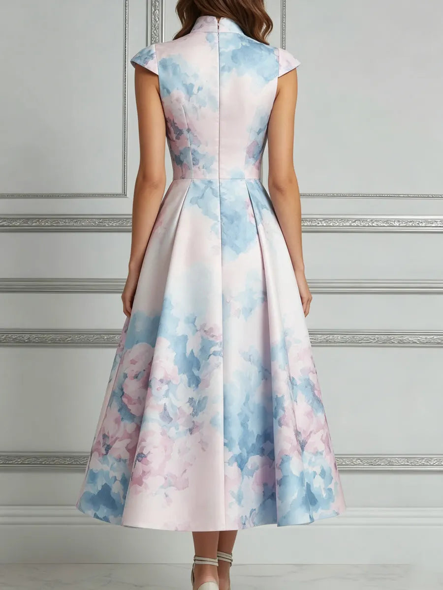 Cheongsam Collar Midi Dress With Watercolor Floral Print