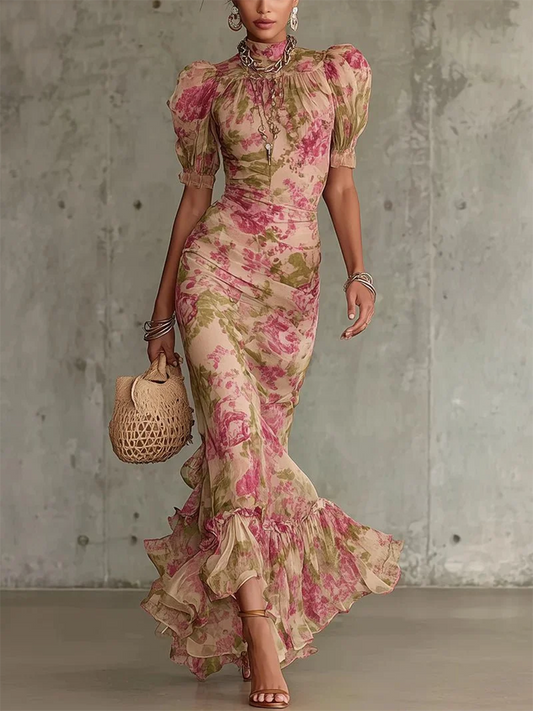 Elegant Vacation Party Floral Print Halterneck Stretch Maxi Dress