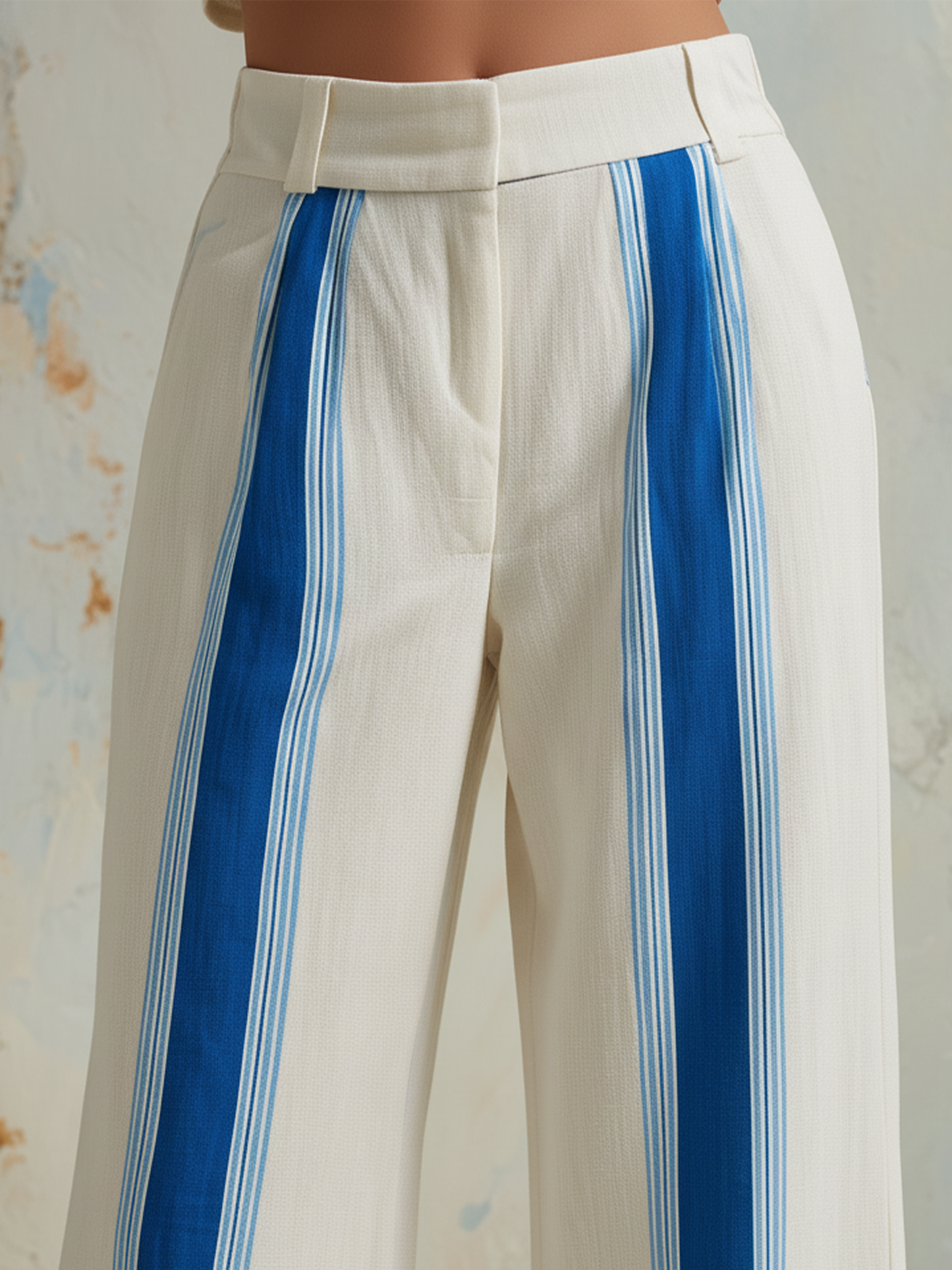 Cream Linen-Blend High-Waist Wide-Leg Pants With Blue Stripe Detail