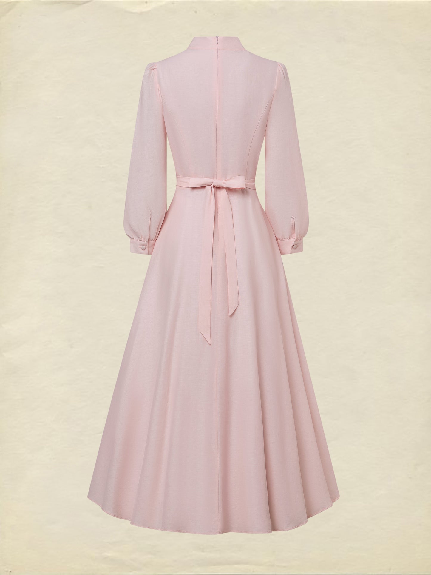 Midi Linen Dress, Half Sleeve, Plain, Lace, French Vintage, Pink