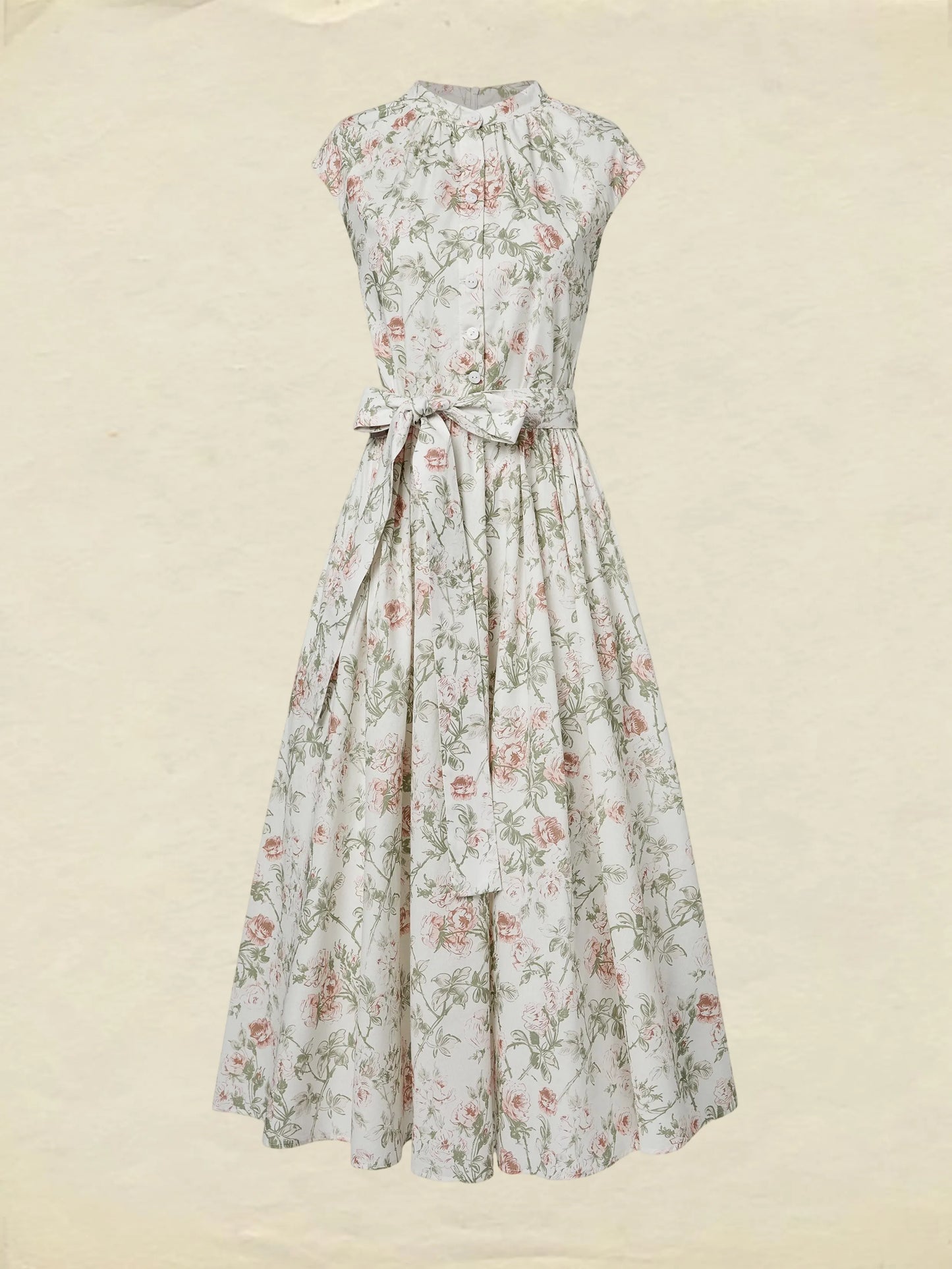Midi Cotton Dress, Cap Sleeves, Round Neck, Floral, Belt Design, Vintage, Apricot