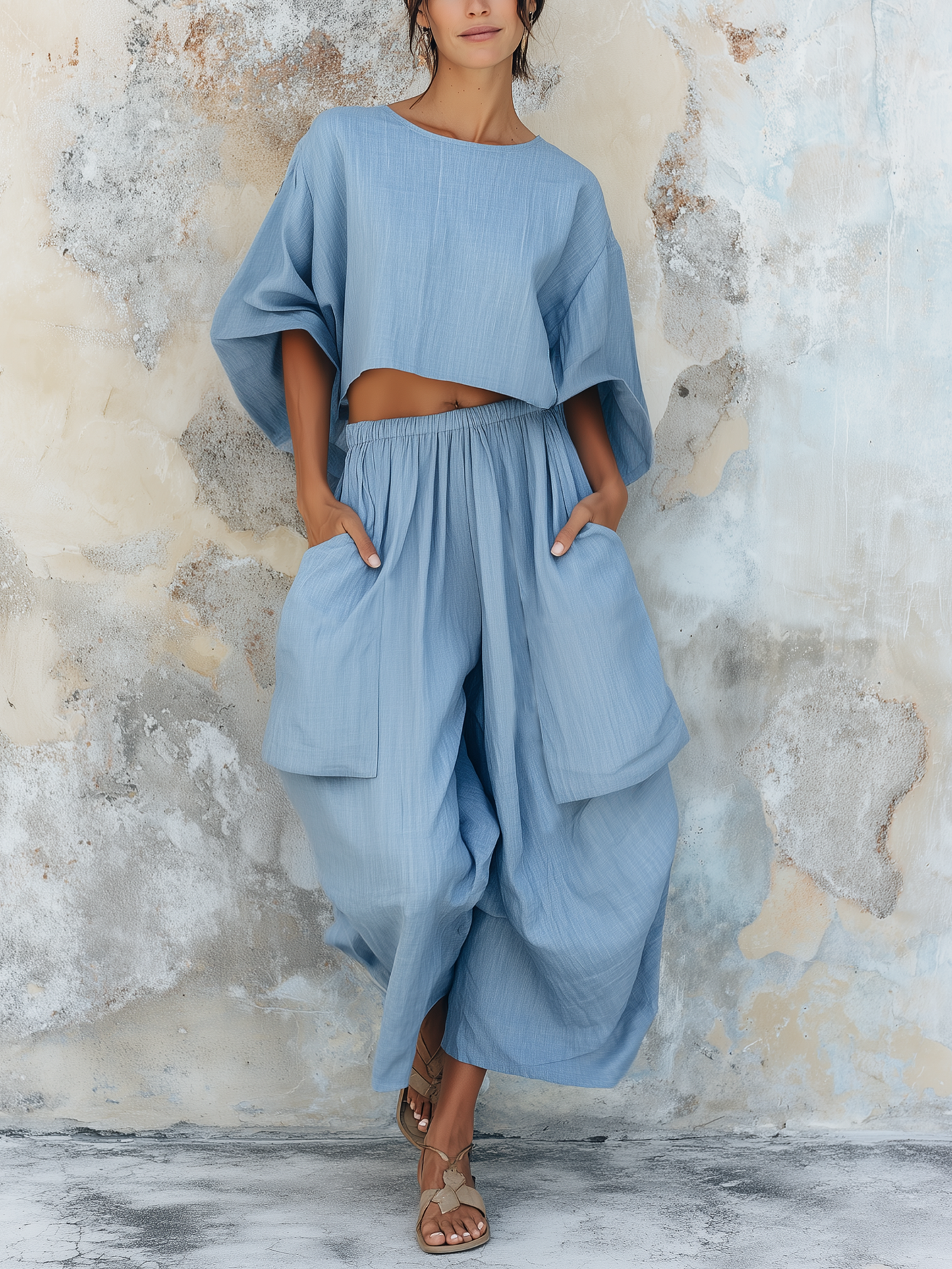 Light Blue Cotton Linen Two Piece Set - Loose Crop Top & Wide Leg Pants