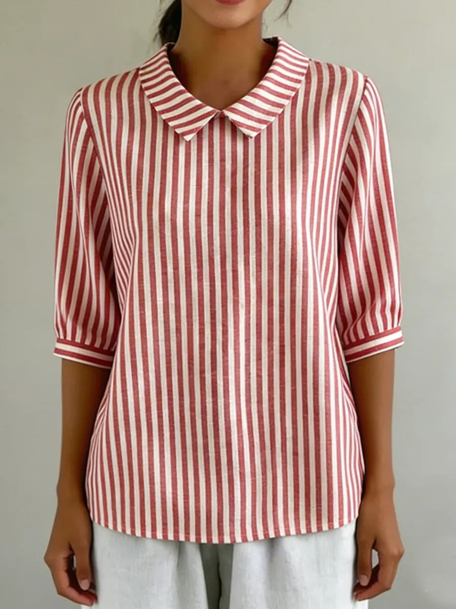 Retro Peter Pan Collar Striped Cotton-linen Shirt