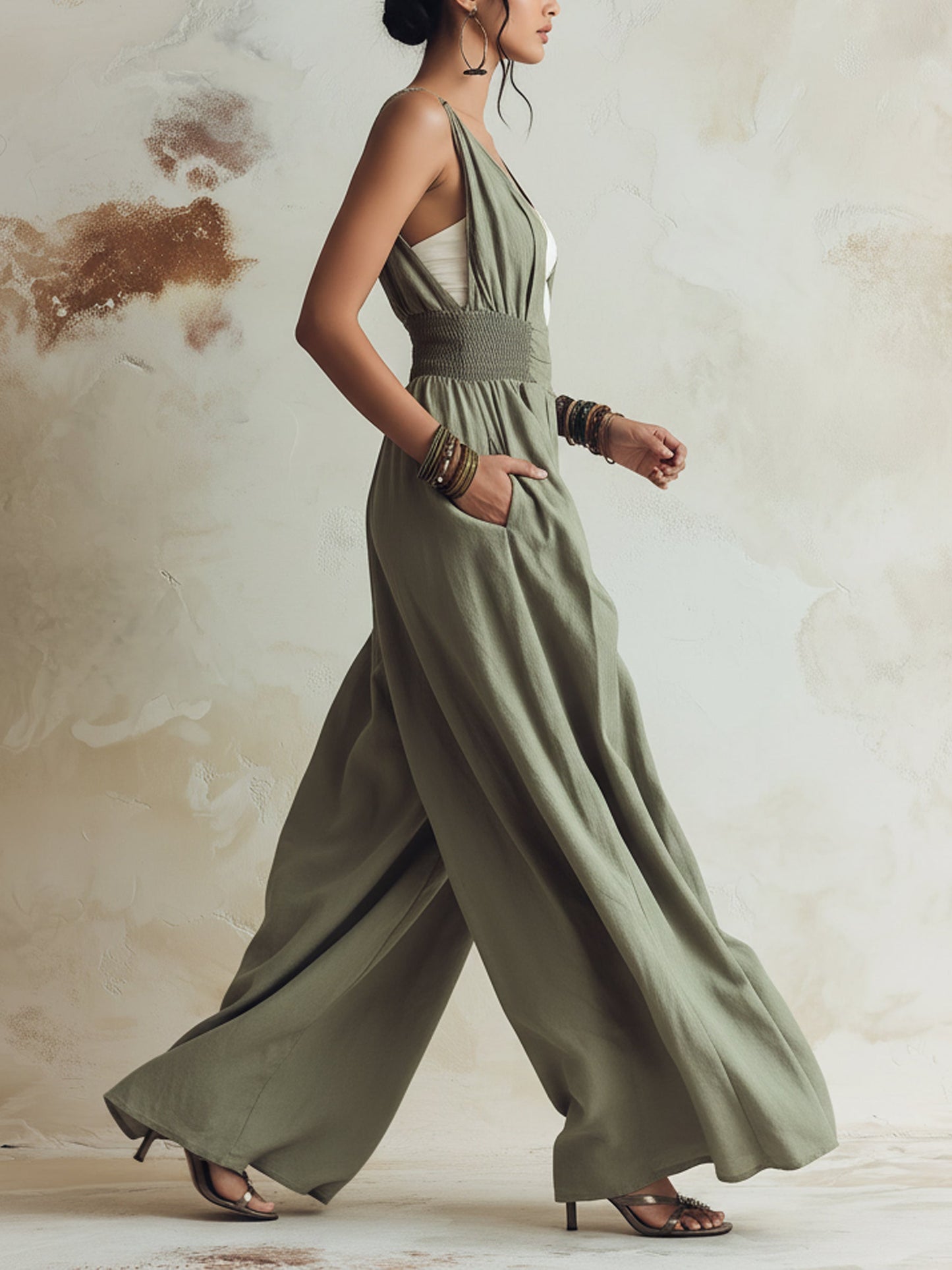 Olive Green Smocked Waist Wide-Leg Linen Jumpsuit With Pockets