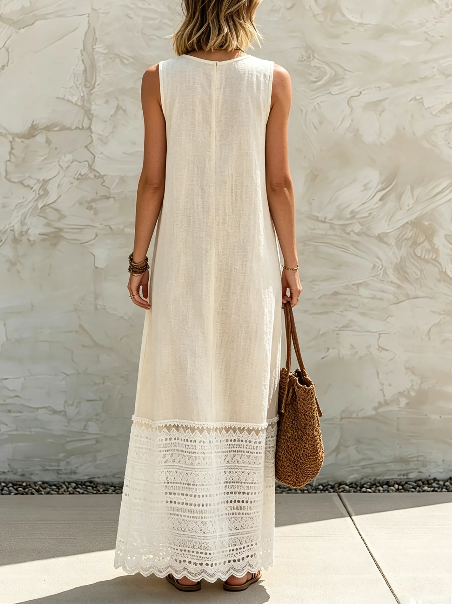 Beige Linen-Blend Sleeveless Lace Hem Maxi Dress