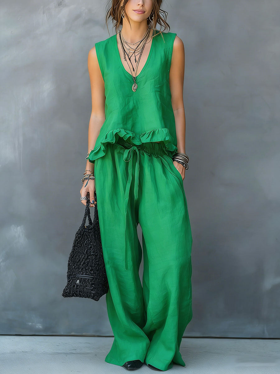 Women's V-neck Sleeveless Casual Loose Cotton Top With Elastic Waist And Wide-leg Pants Cotton Linen Set