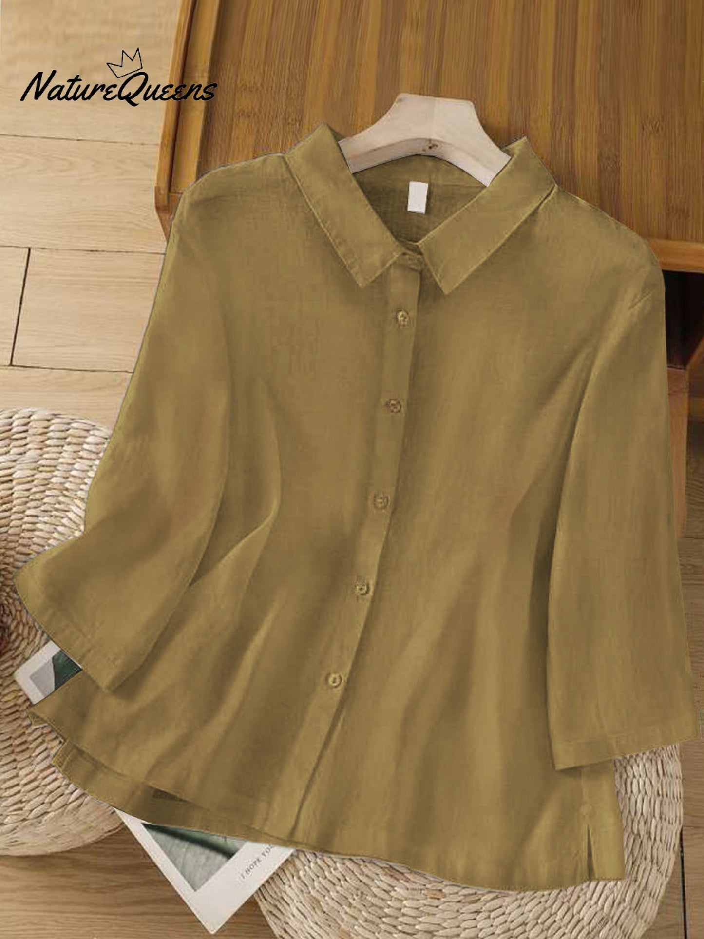 Women's  Solid Color Lapel 3/4 Sleeves Casual Linen Shirt