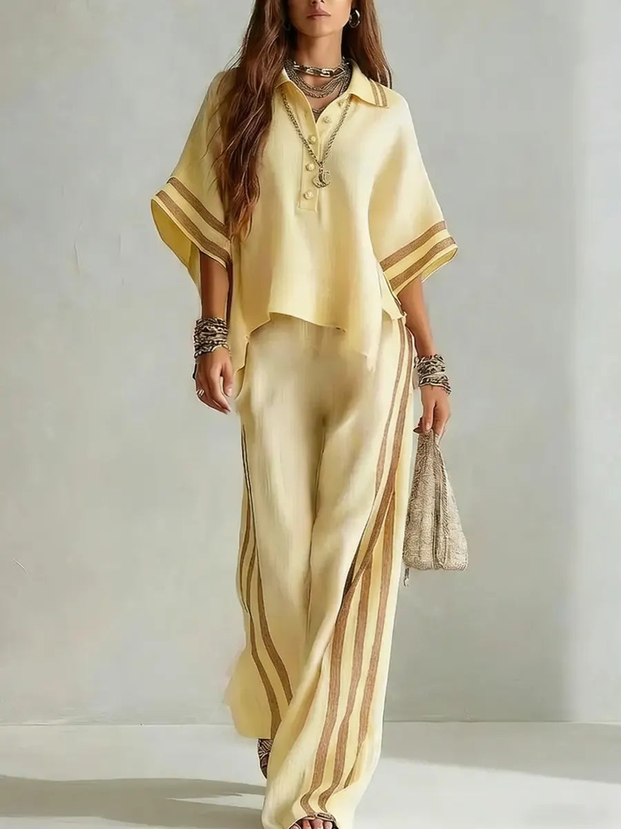 Women's Simple Polo Collar Line-decorated Cotton-linen Set