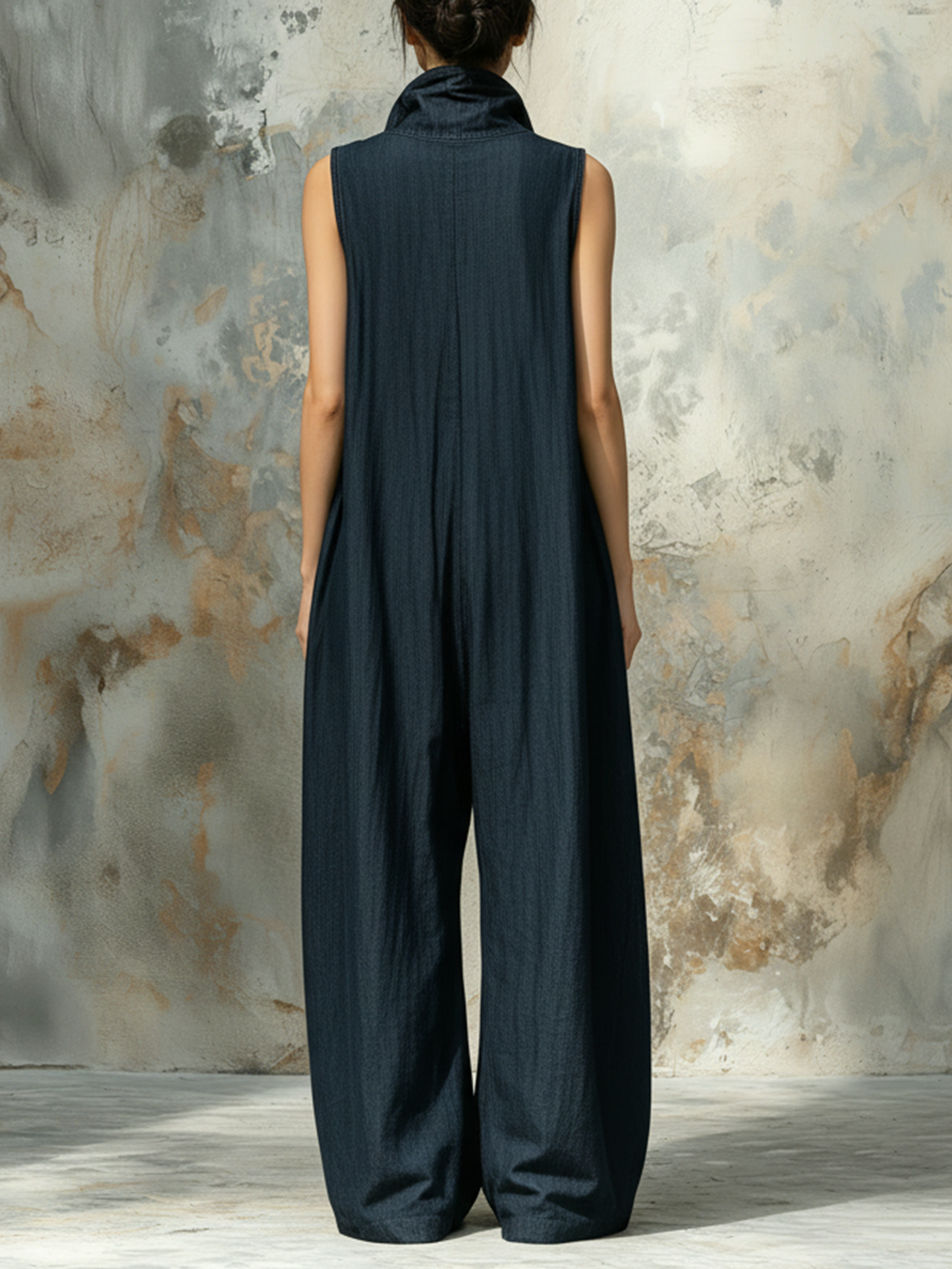 Dark Blue Denim Sleeveless Oversized Wide Leg Jumpsuit