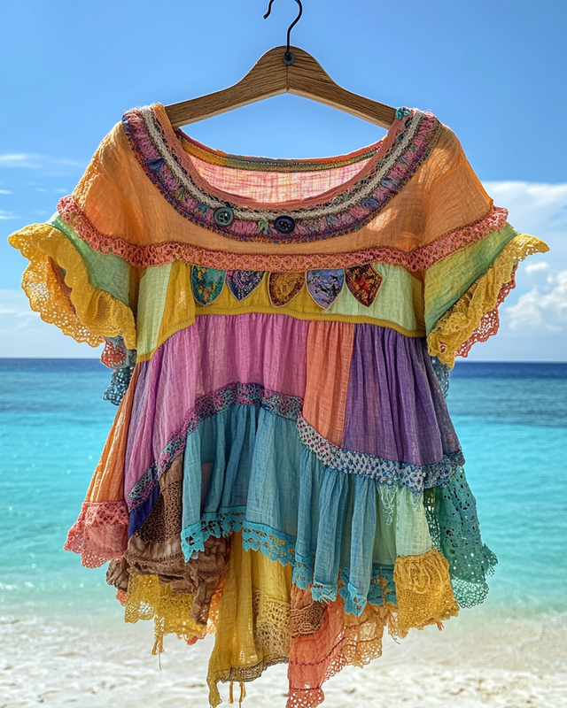 Summer colorful vacation patchwork cotton and linen contrast color top 00ef
