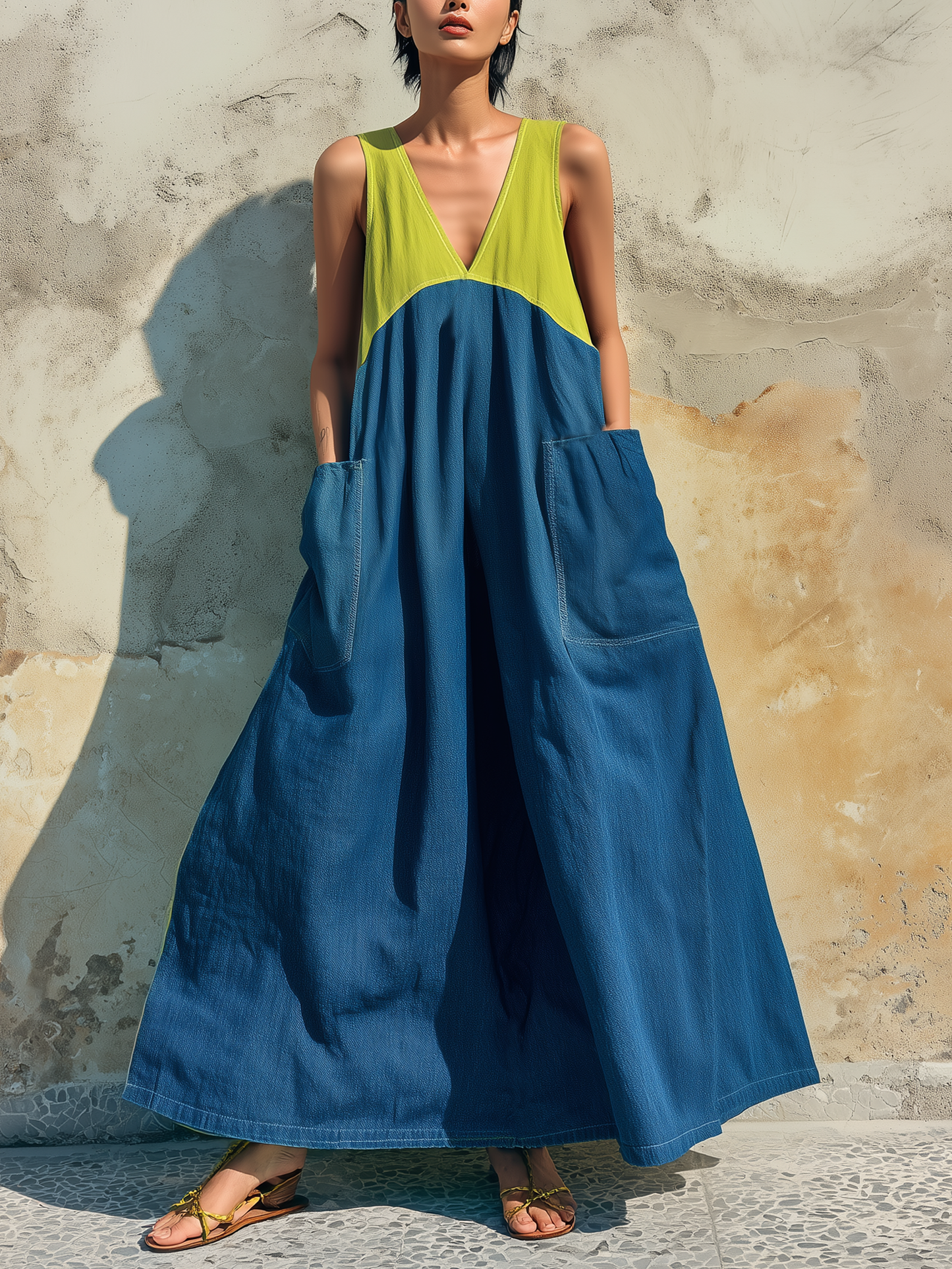 Blue & Green Colorblock Tencel Denim Sleeveless Maxi Dress
