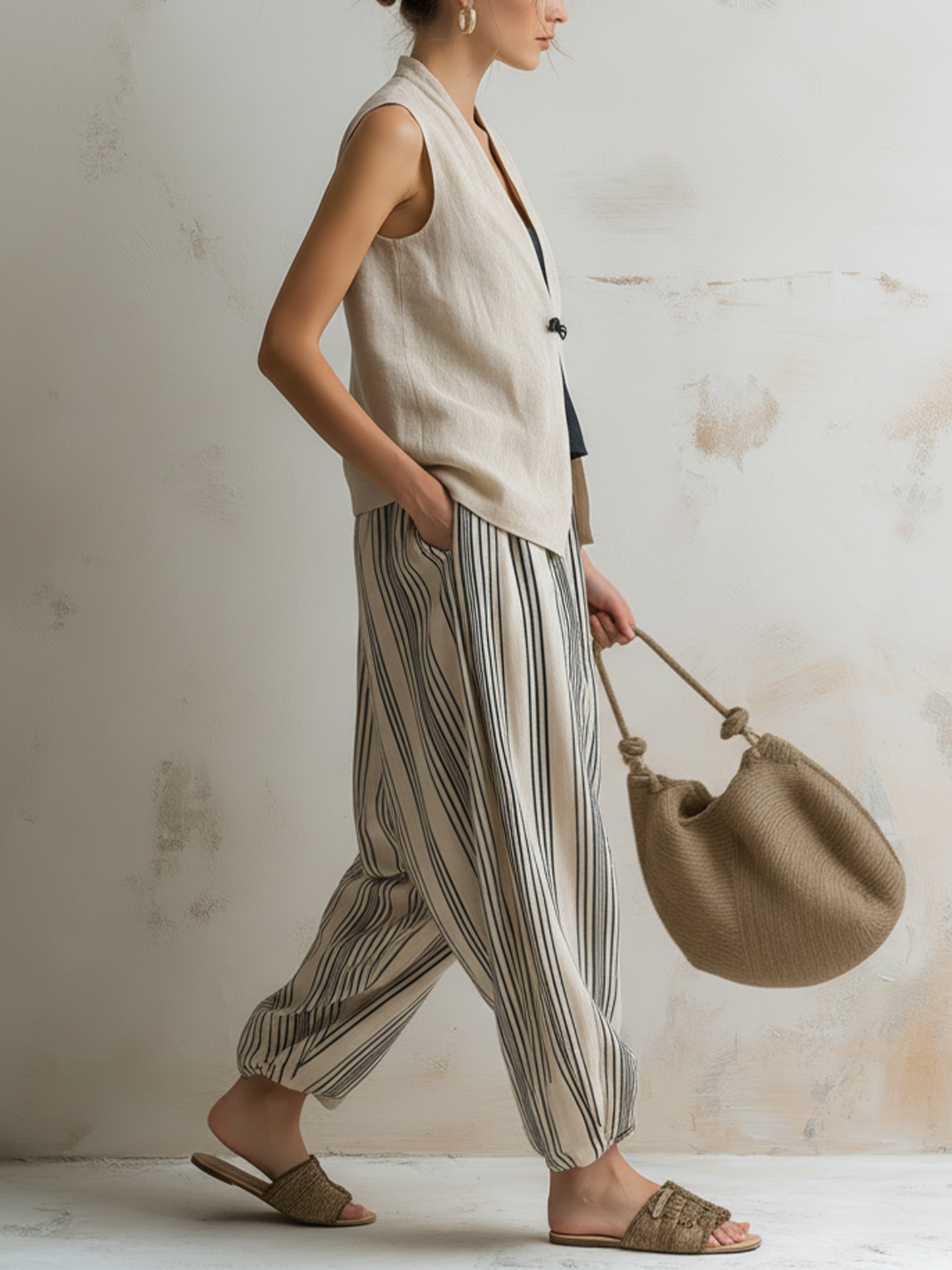 Linen Vest & Striped Harem Pants Two-Piece Casual Set (Inner Top Not Included)