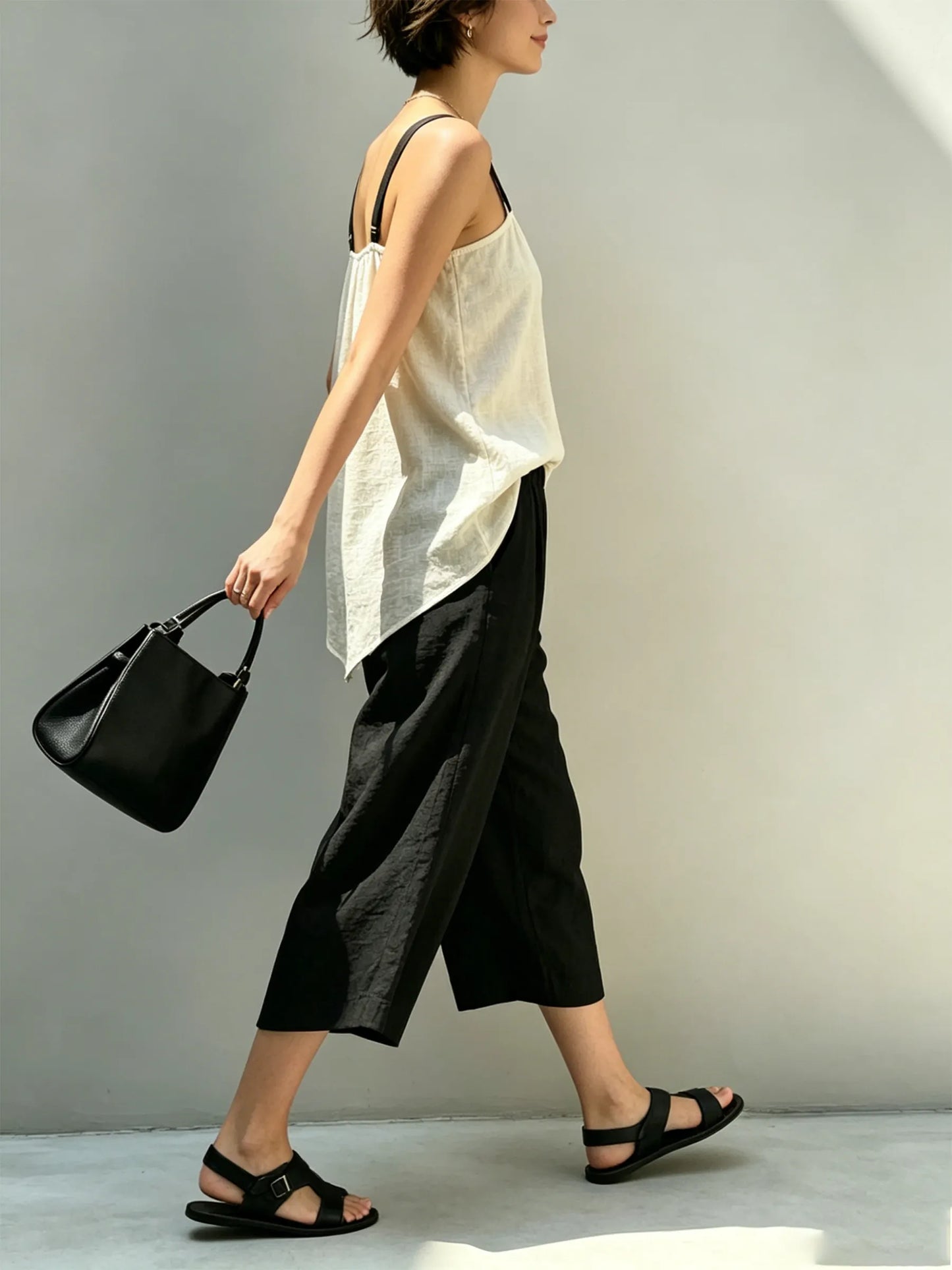 Beige Ruched Drawstring Cami & Black Wide-Leg Culottes Set