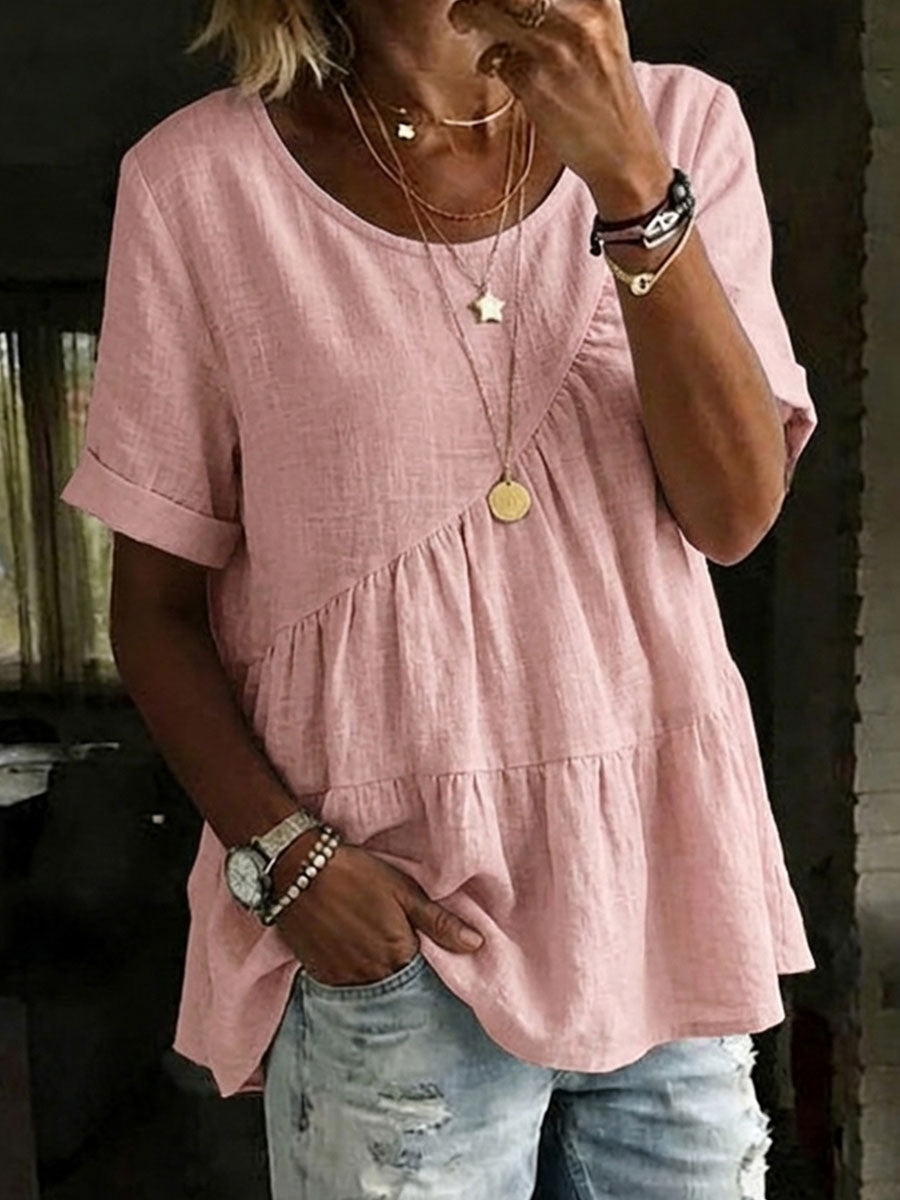 Women's Round Neck Cotton Linen Solid Color Loose Short-sleeved Shirt – Side Tether