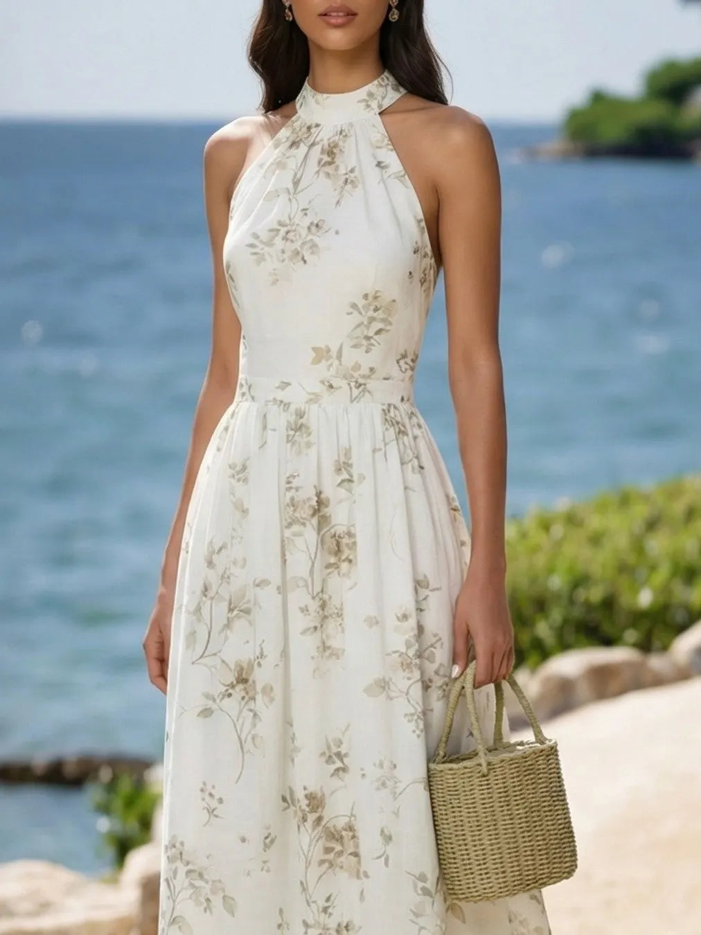 Maxi Cotton Dress, Sleeveless, Round Neck, Floral, Vacation, Vintage, White