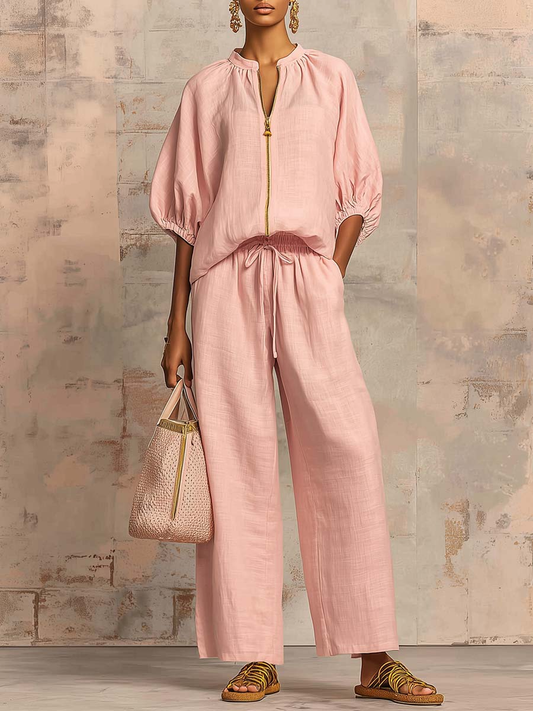 Stylish Cozy Shirt &amp; Wide-Leg Pants Linen Cotton Two-Piece Set