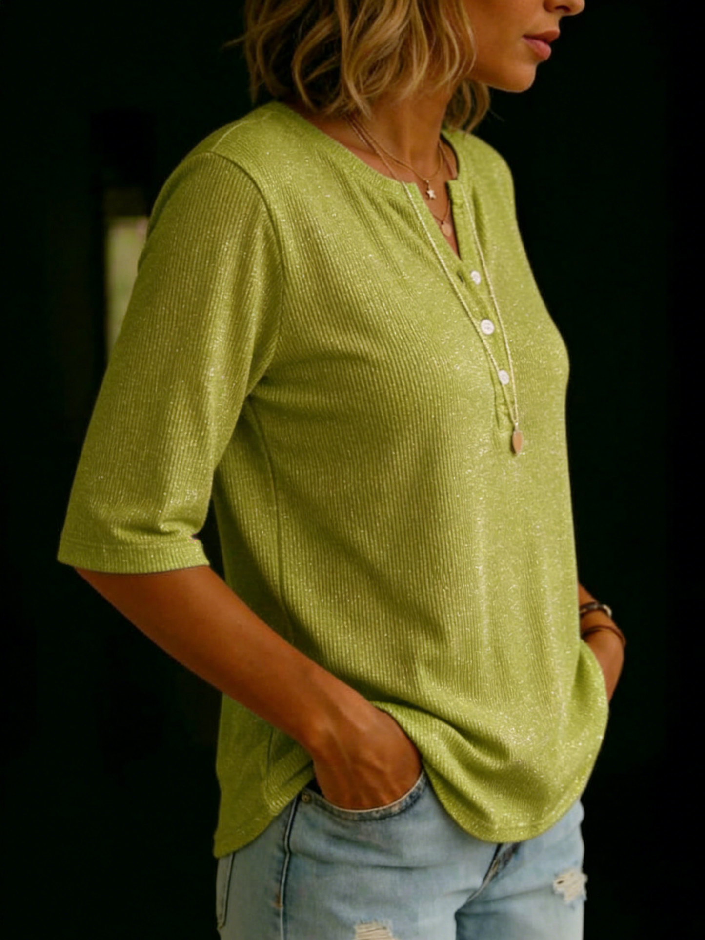 Cozy Classic Henley-collar Shimmer T-shirt