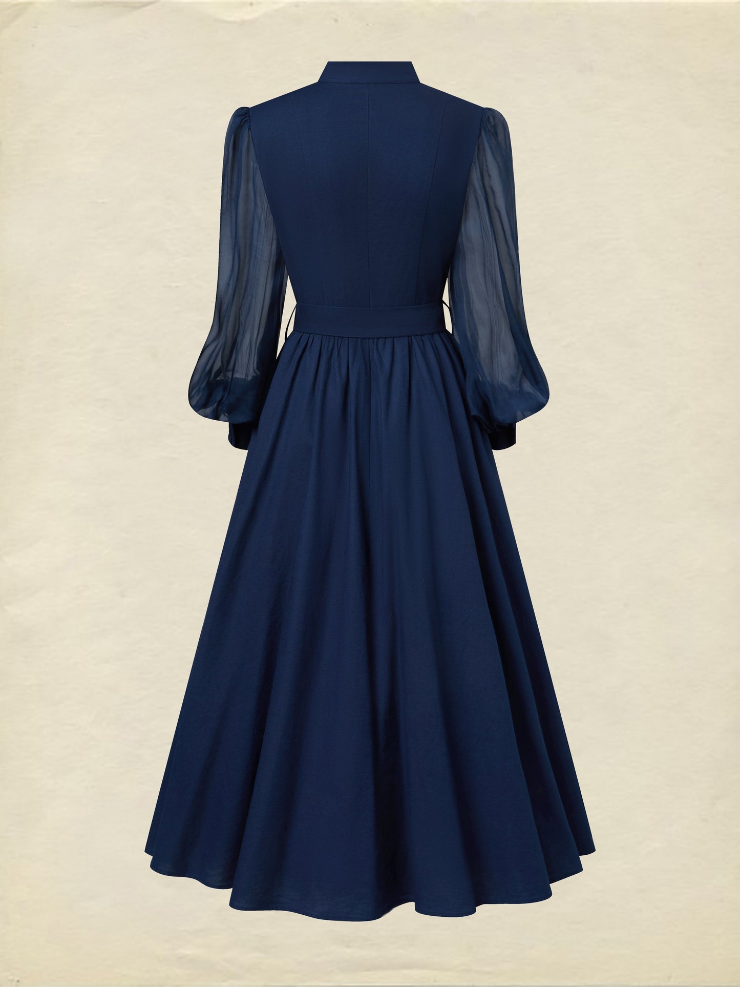 Maxi Cotton Dress, Long Sleeves, Stand Collar, Plain, Belt Design, French Vintage, Blue Purple