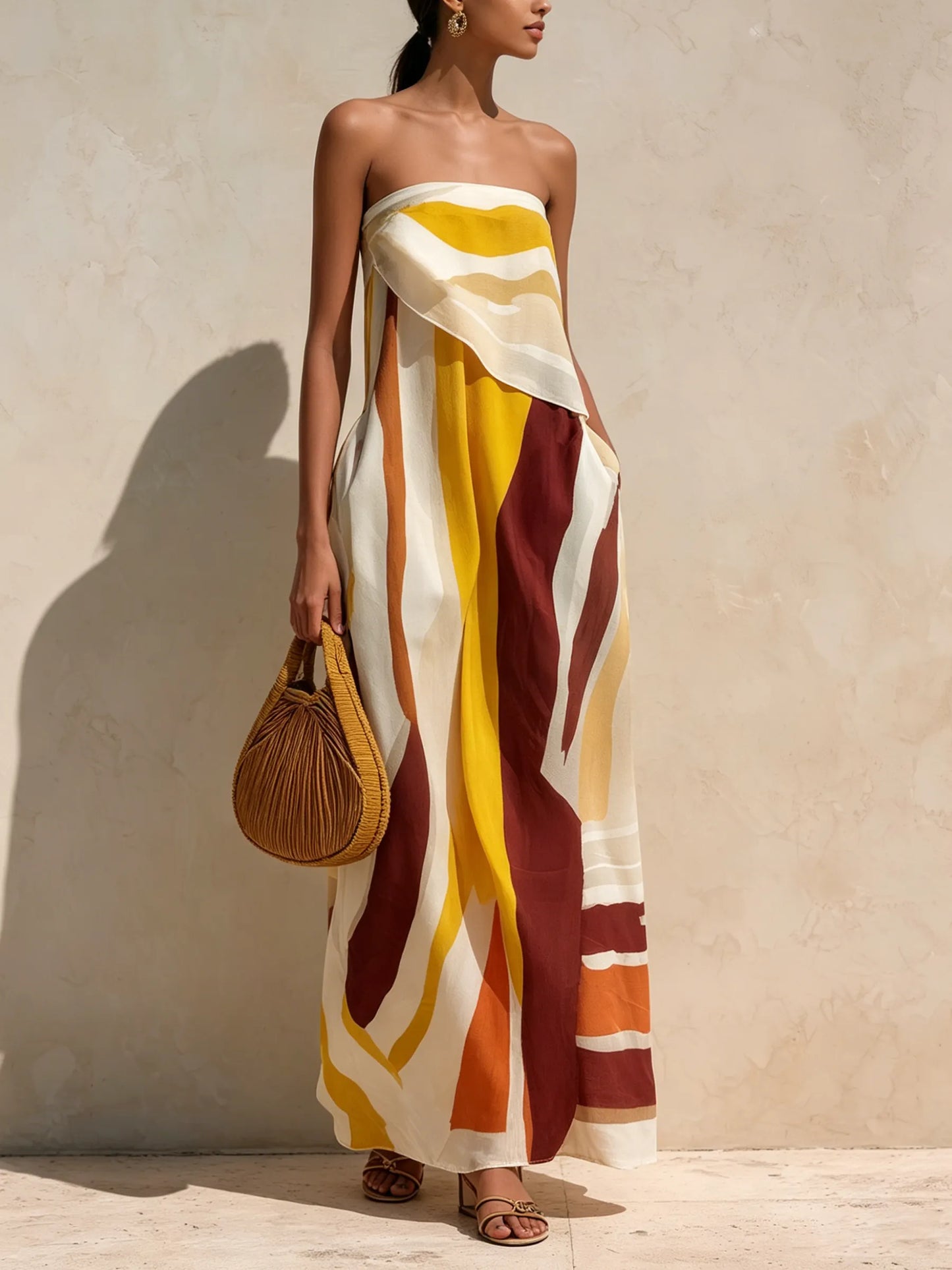 Abstract Sunset Print Strapless Maxi Dress