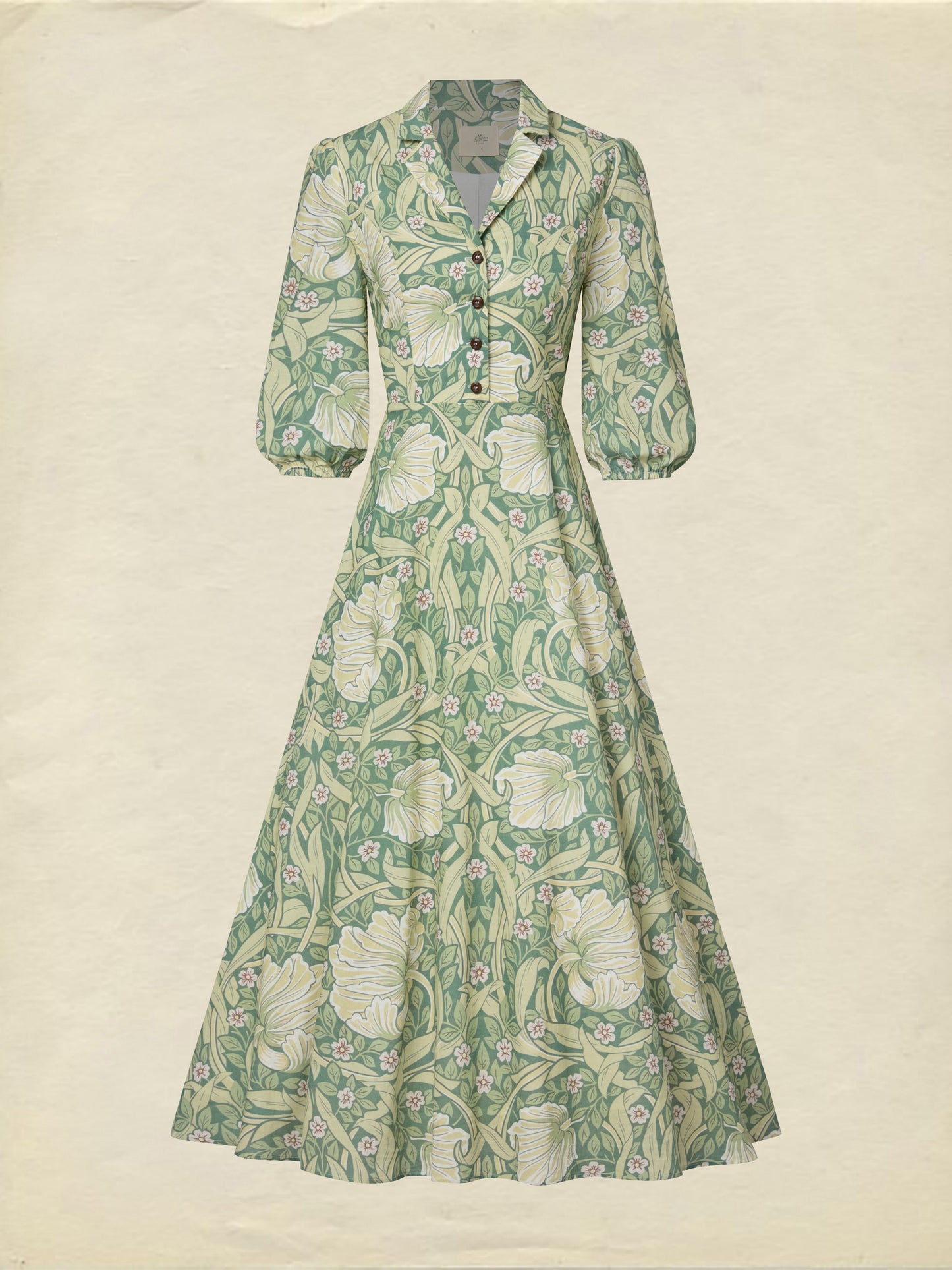 Maxi Linen Dress, Half Sleeve, Lapel Collar, Paisley, Button Design, Vacation, Vintage, Green