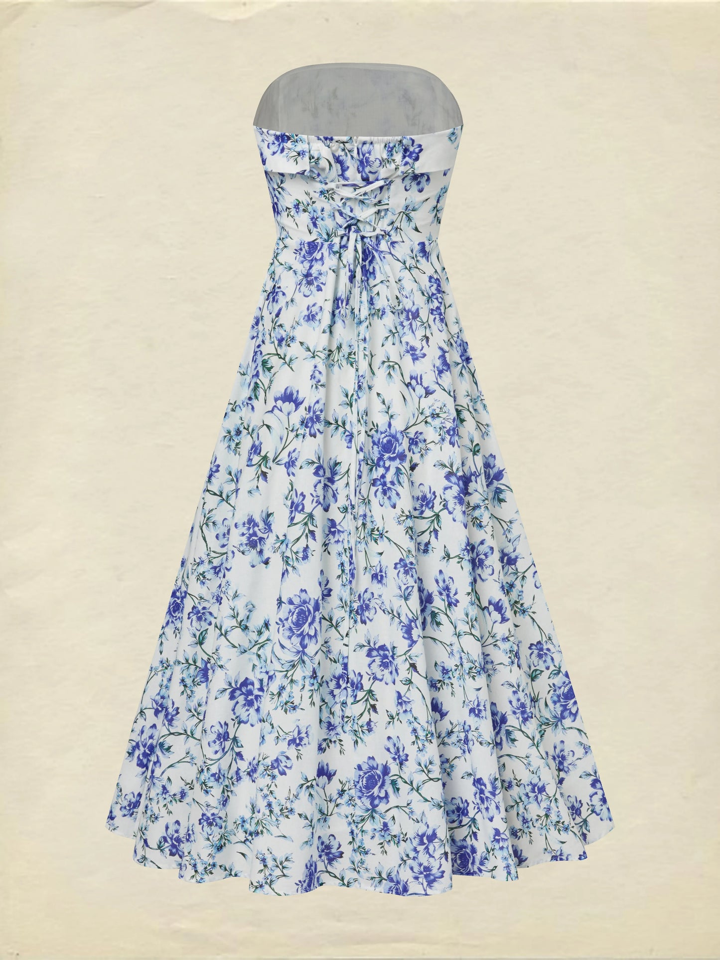 Maxi Cotton Dress, Sleeveless, Strapless, Floral, Vacation, Vintage, Blue