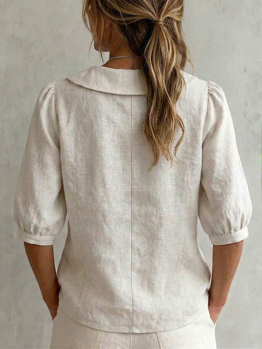 Women's Solid-color Peter Pan Collar 3/4-sleeve Casual Loose Cotton-linen Shirt