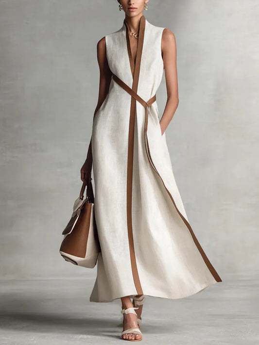 Women’s Stand-Up Collar Sleeveless Casual Loose Cotton and Linen Dress