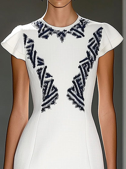 Stylish White Dress With Navy Blue Symmetrical Embroidery