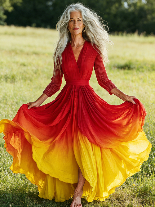 Embroidered Retro Loose Embroidered Printed Contrast Color Dress7159