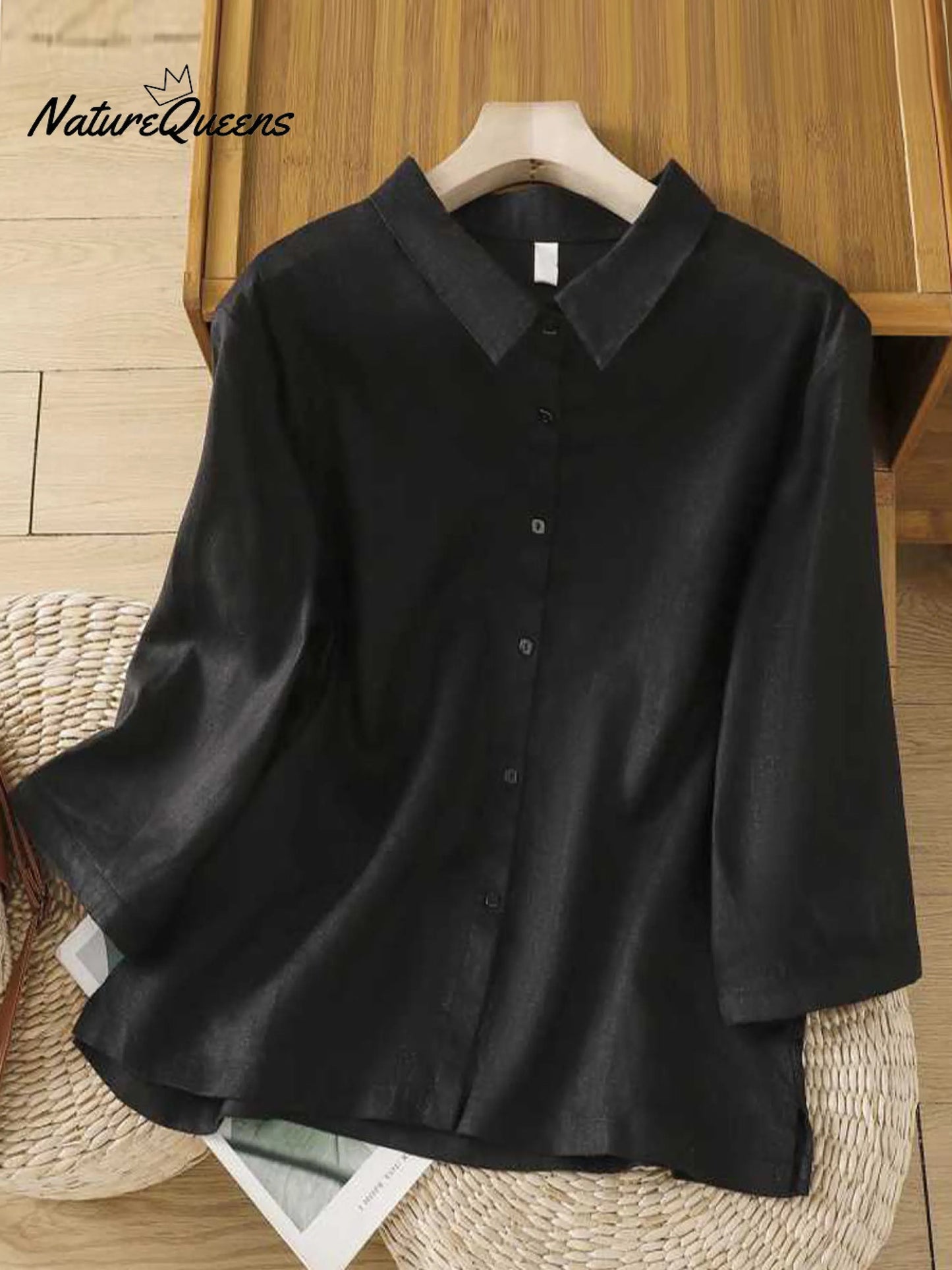 Women's  Solid Color Lapel 3/4 Sleeves Casual Linen Shirt