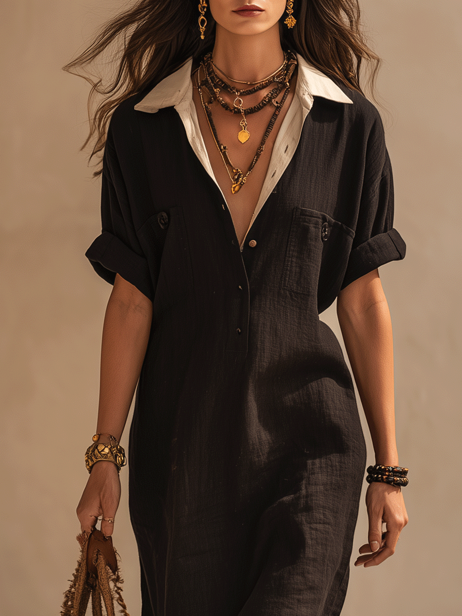 Effortless Boho Relaxed Fit Short Sleeve Shirt Dress