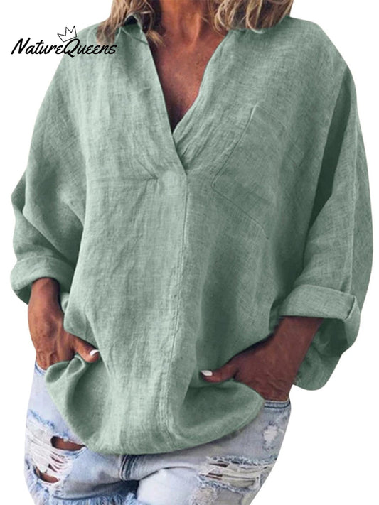 Women's Cotton and Linen V-neck Long-sleeved Pullover Top