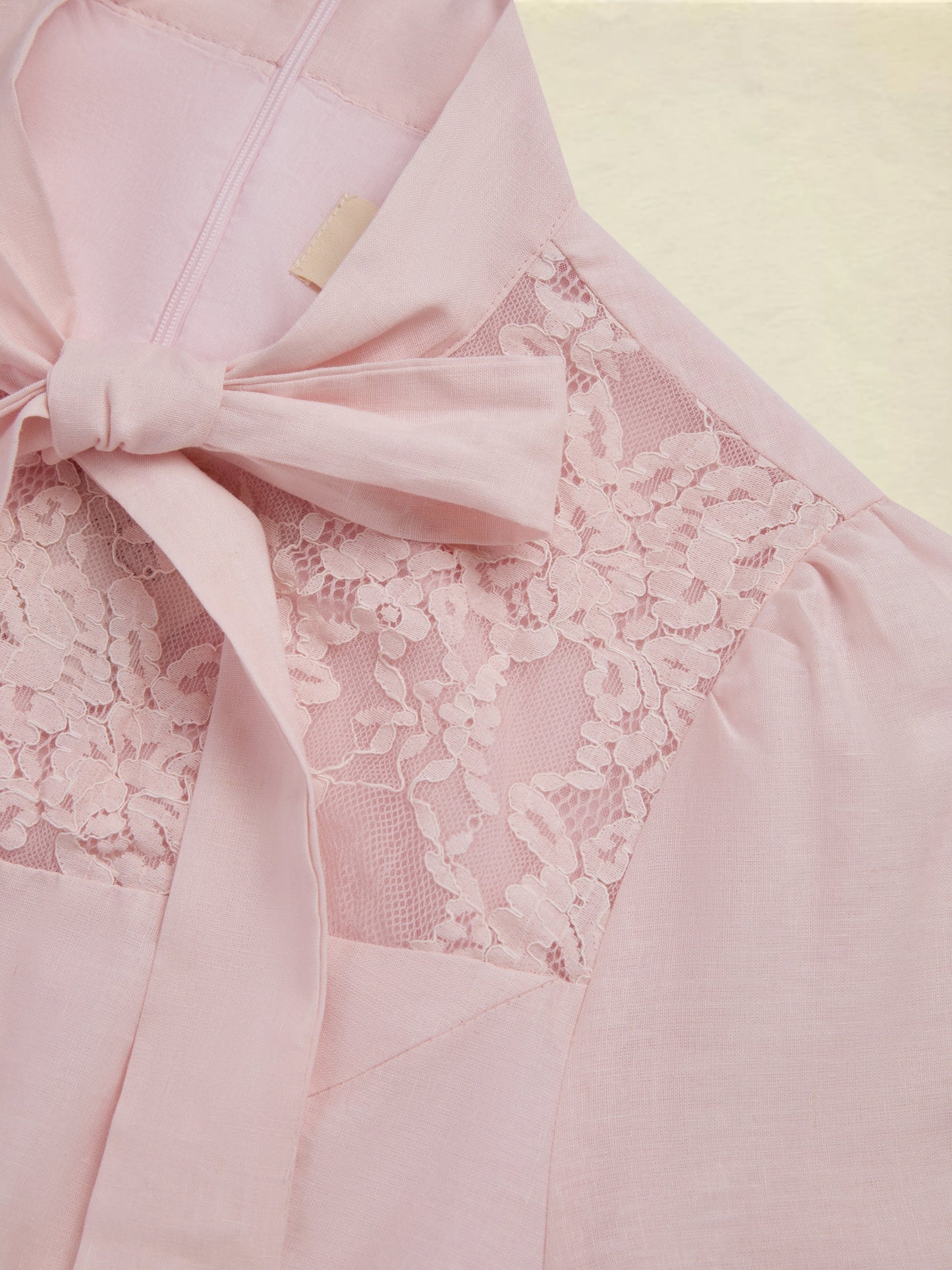 Midi Linen Dress, Half Sleeve, Plain, Lace, French Vintage, Pink
