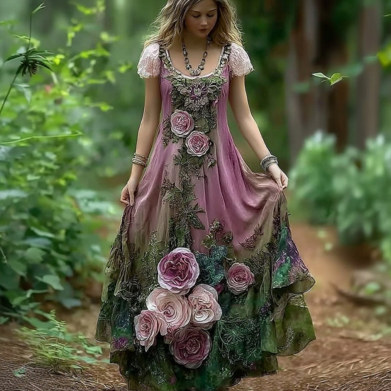 Women's Vintage Floral Embroidered Long Dress