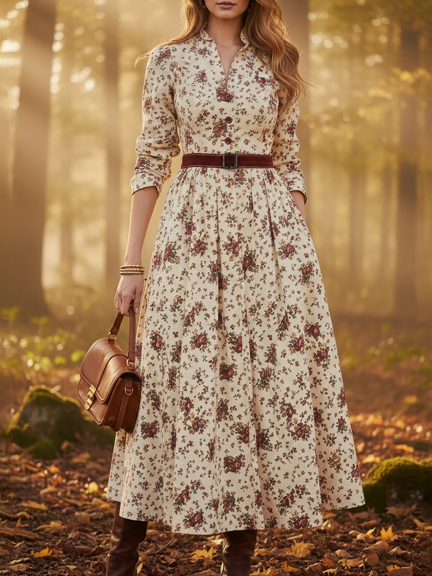 Midi Linen Dress, Long Sleeves, Shawl Collar, Floral, Belt Design, Vintage, Apricot
