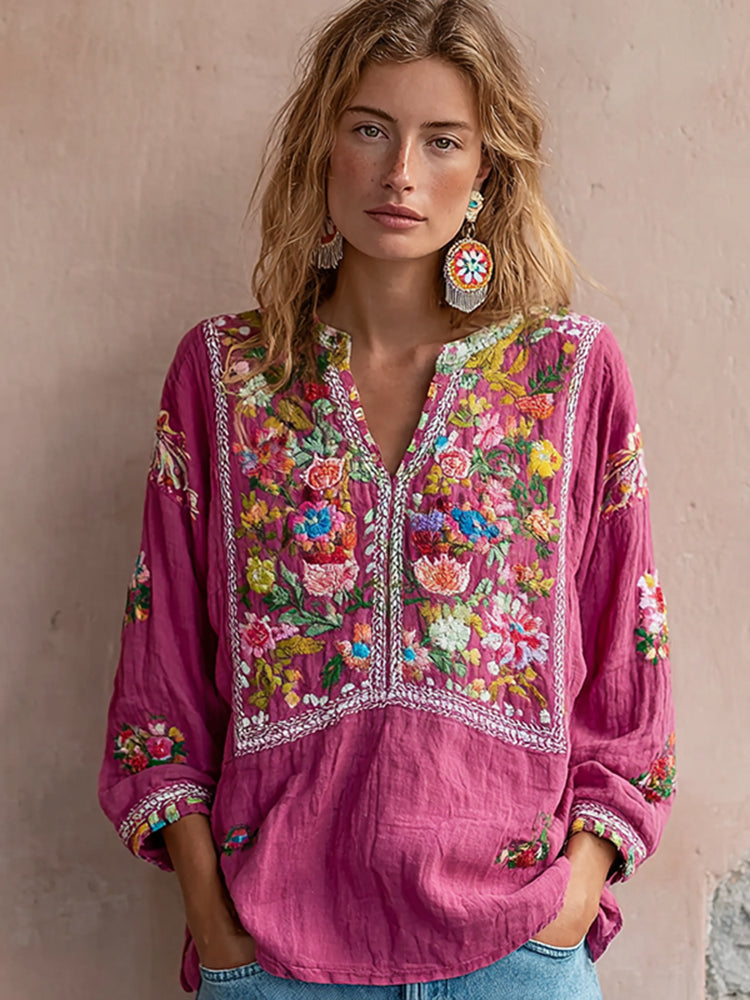Women's Vintage Flower Embroidery V-neck Long Sleeve Linen Blend Blouse