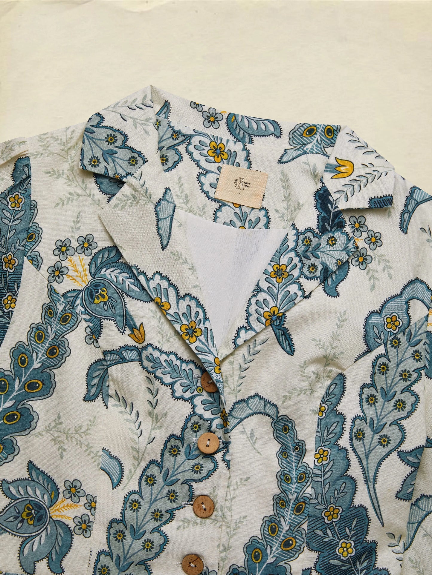 Maxi Linen Dress, Half Sleeve, Shawl Collar, Paisley, Button Design, Vacation, Vintage, White