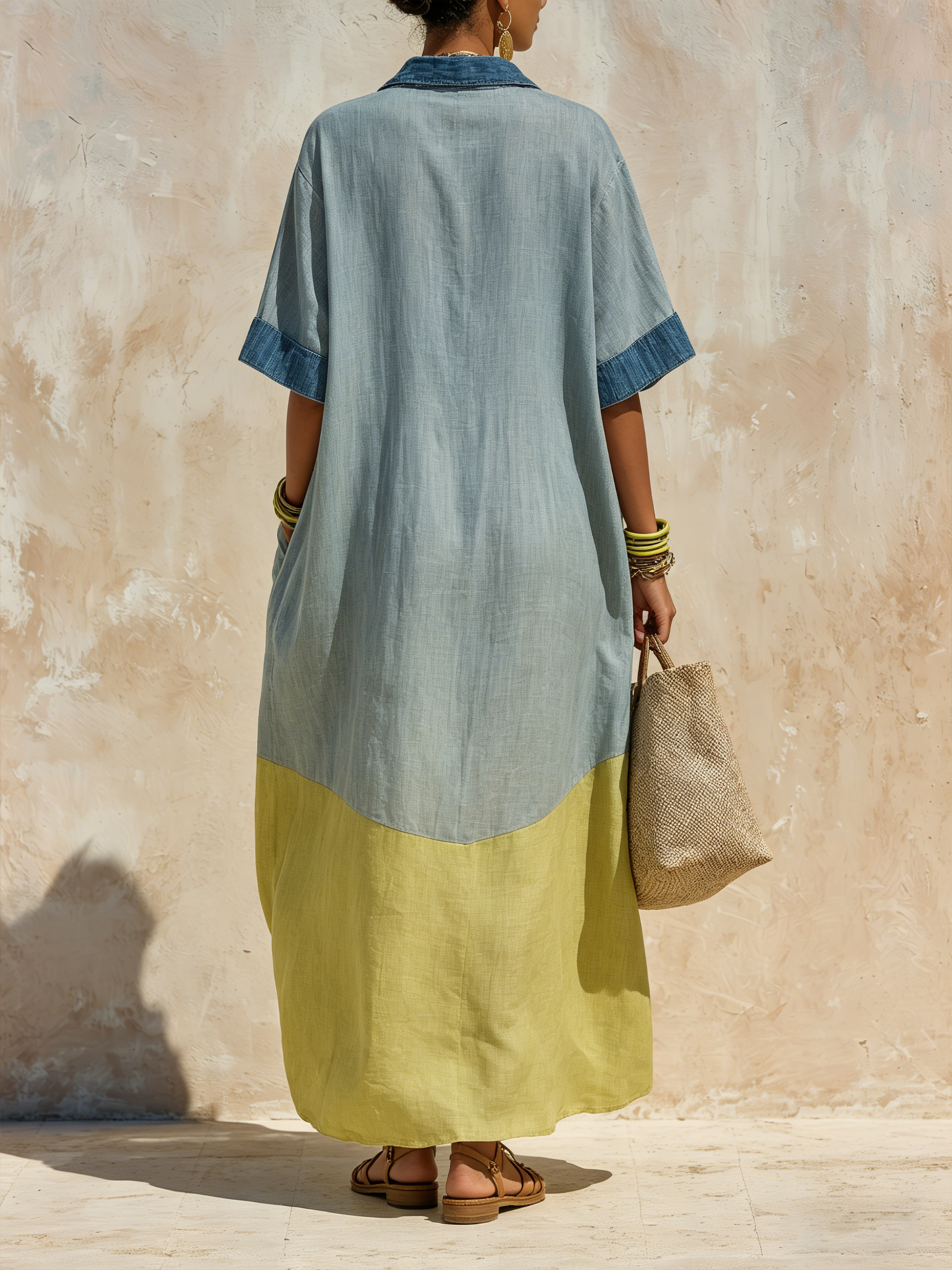 Oversized Denim Linen Maxi Dress - Breathable Two-Tone Casual Cover-Up